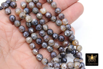 Electroplated Agate Beads, Faceted Brown Beige Agate BS #226, Light Cream Pearlized Beads